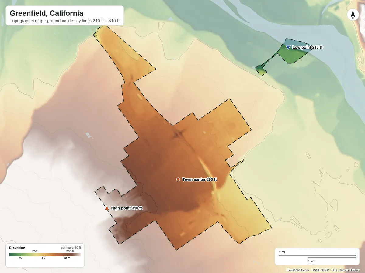 Topographic elevation map of Greenfield, California, shaded from 210 ft on the northeast side to 310 ft on the west side