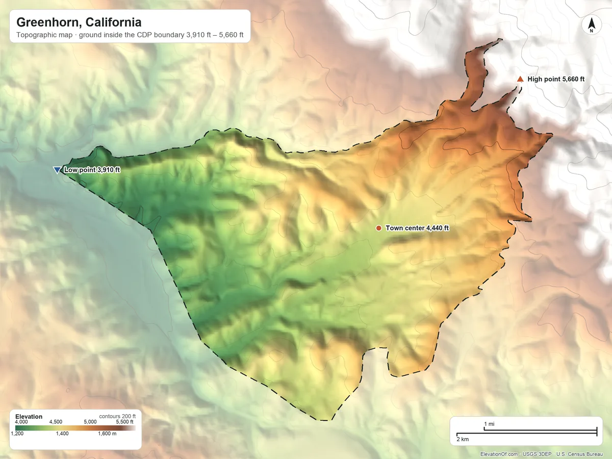 Topographic elevation map of Greenhorn, California, shaded from 3,910 ft on the west side to 5,660 ft on the northeast edge, below higher ground just outside