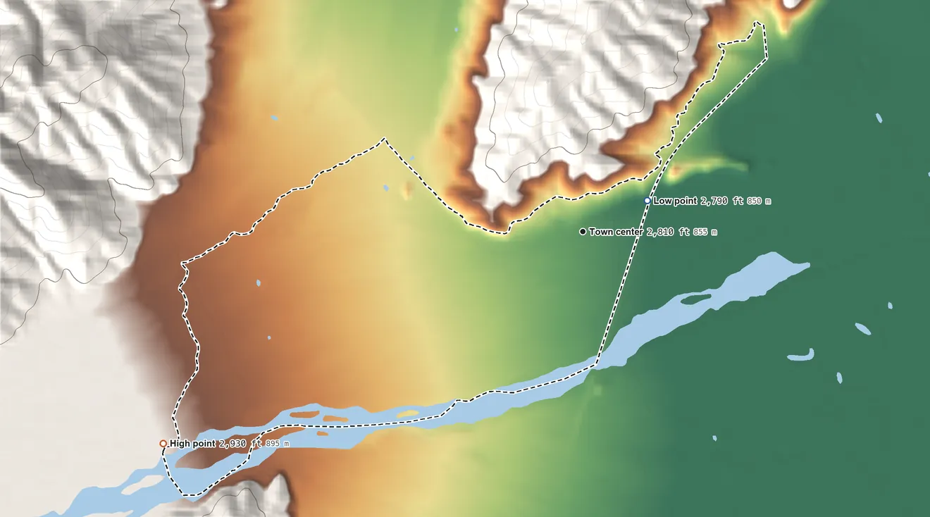 Topographic elevation map of Greenview, California, shaded from 2,790 ft near the middle to 2,930 ft at the foot of the Mineral Range