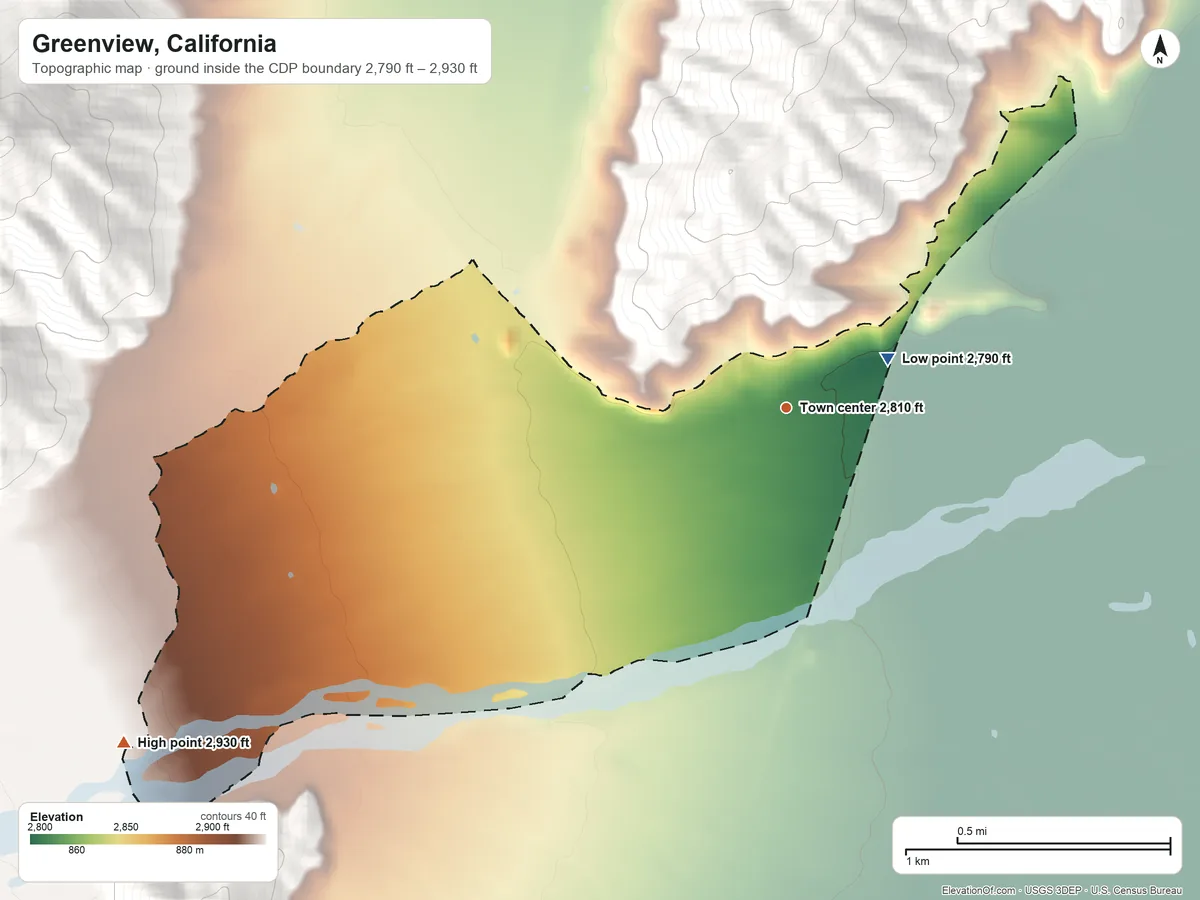 Topographic elevation map of Greenview, California, shaded from 2,790 ft near the middle to 2,930 ft at the foot of the Mineral Range