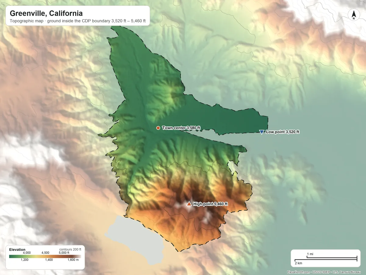 Topographic elevation map of Greenville, California, shaded from 3,520 ft on the east side to 5,460 ft on the south side