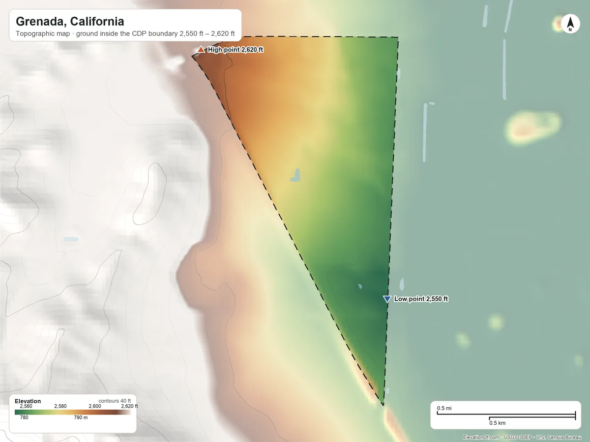 Topographic elevation map of Grenada, California, shaded from 2,550 ft on the south side to 2,620 ft at the foot of the Kilgore Hills