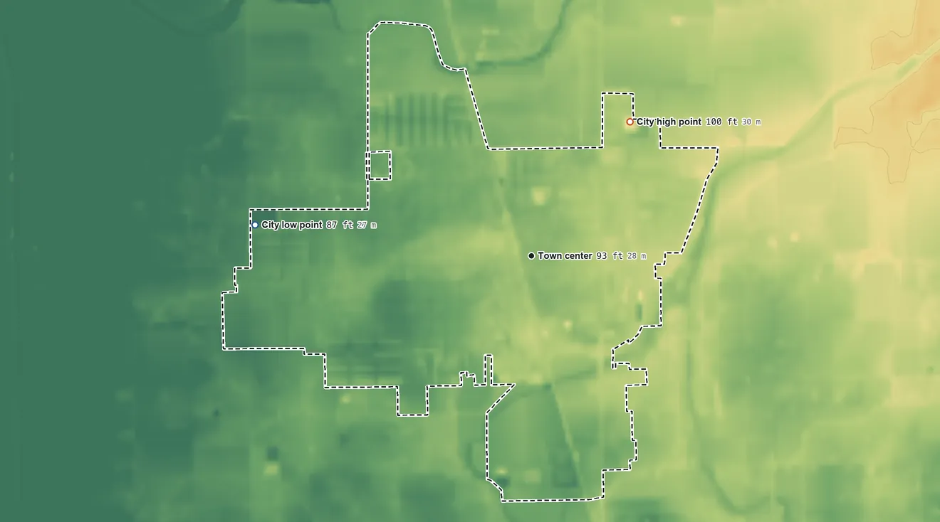 Topographic elevation map of Gridley, California, shaded from 87 ft on the west side to 100 ft on the northeast side