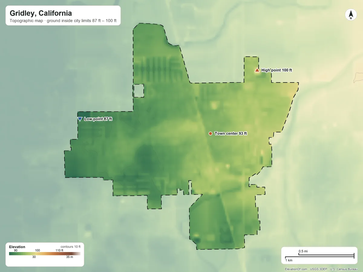 Topographic elevation map of Gridley, California, shaded from 87 ft on the west side to 100 ft on the northeast side