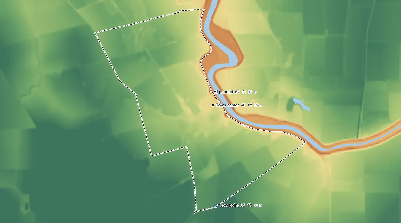Topographic elevation map of Grimes, California, shaded from 35 ft on the south side to 64 ft near the middle