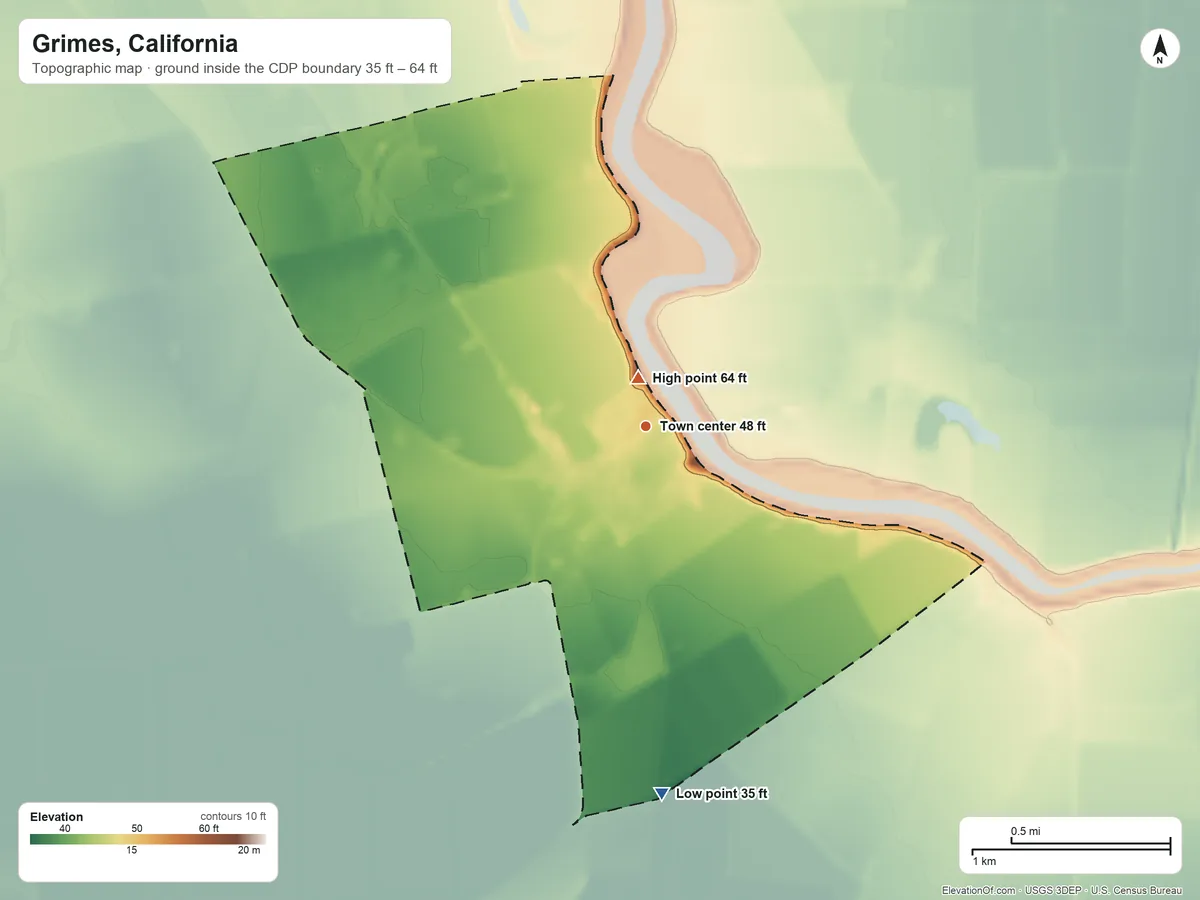 Topographic elevation map of Grimes, California, shaded from 35 ft on the south side to 64 ft near the middle