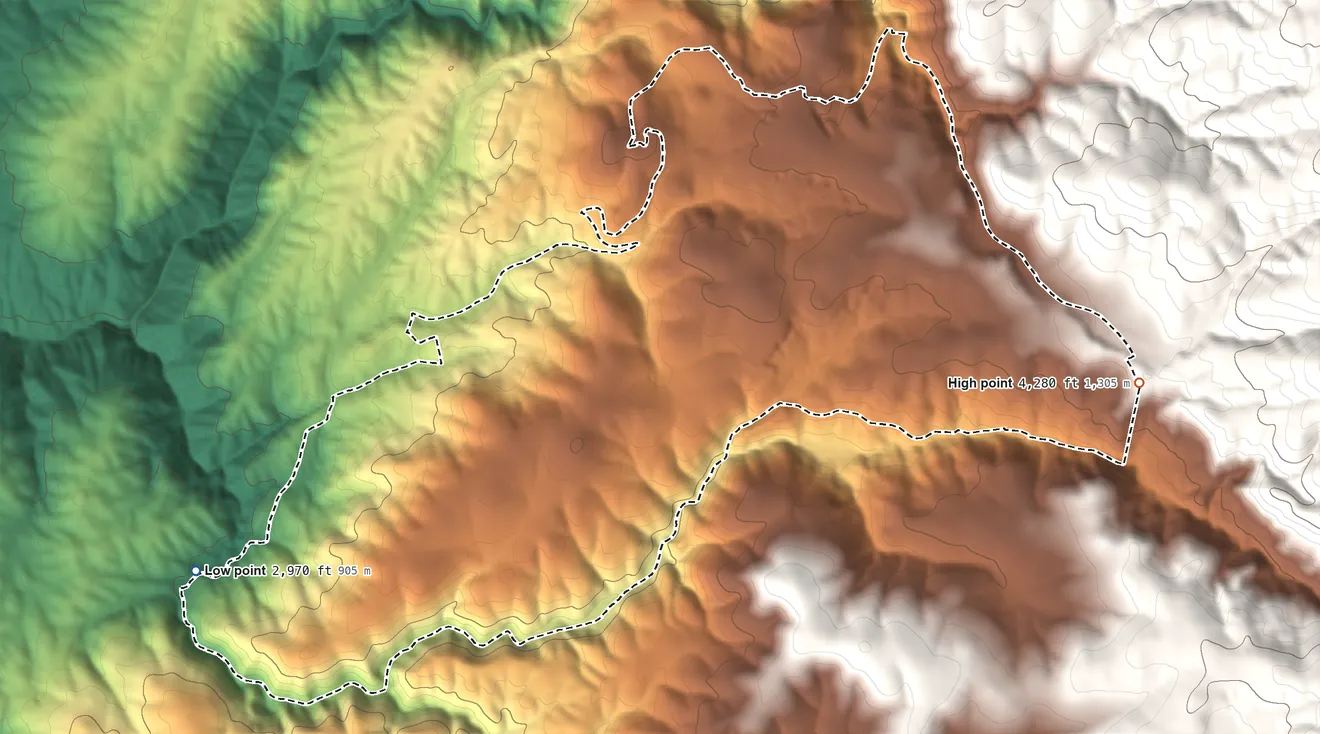 Topographic elevation map of Grizzly Flats, California, shaded from 2,970 ft on the west side to 4,280 ft on the east edge, below higher ground just outside