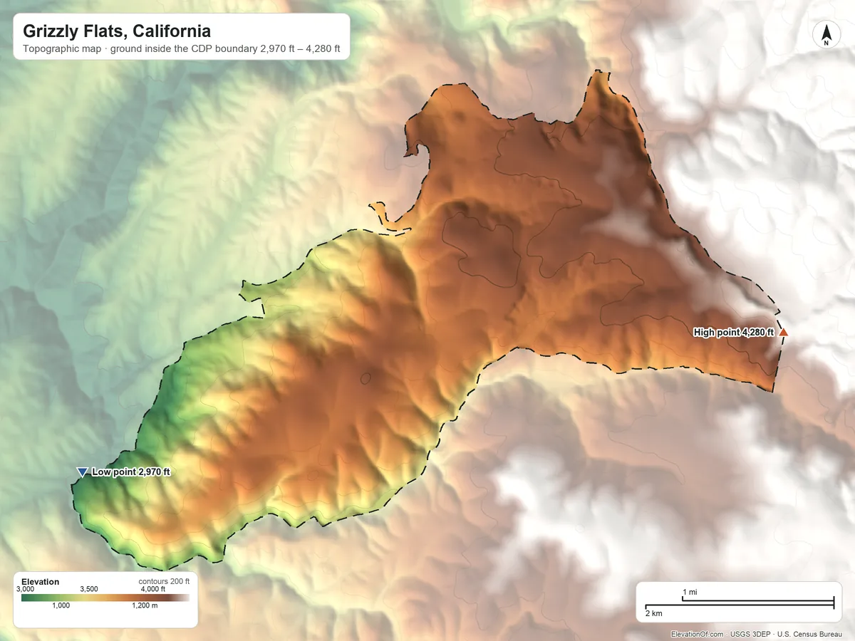 Topographic elevation map of Grizzly Flats, California, shaded from 2,970 ft on the west side to 4,280 ft on the east edge, below higher ground just outside