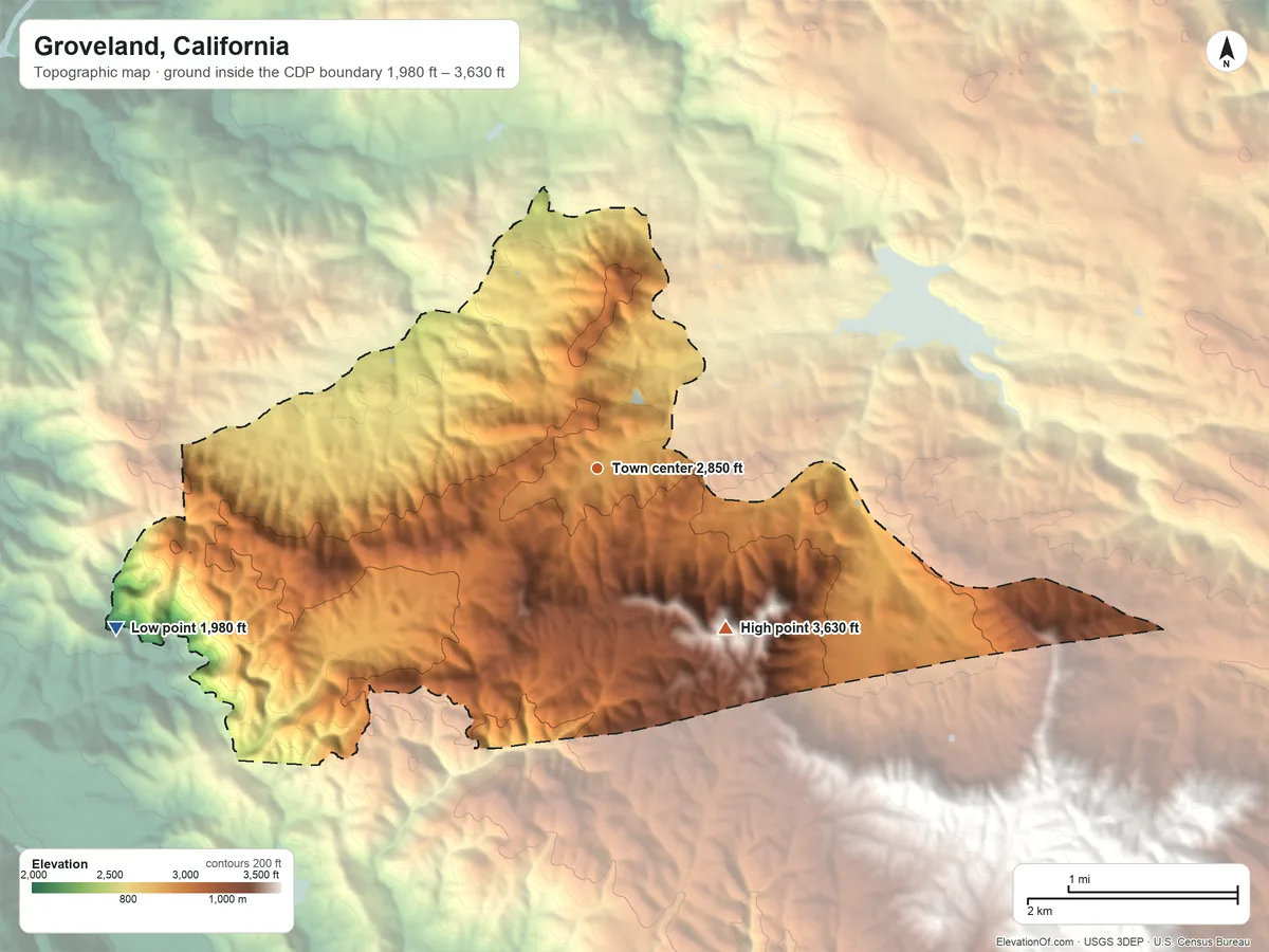 Topographic elevation map of Groveland, California, shaded from 1,980 ft on the west side to 3,630 ft on the southeast side