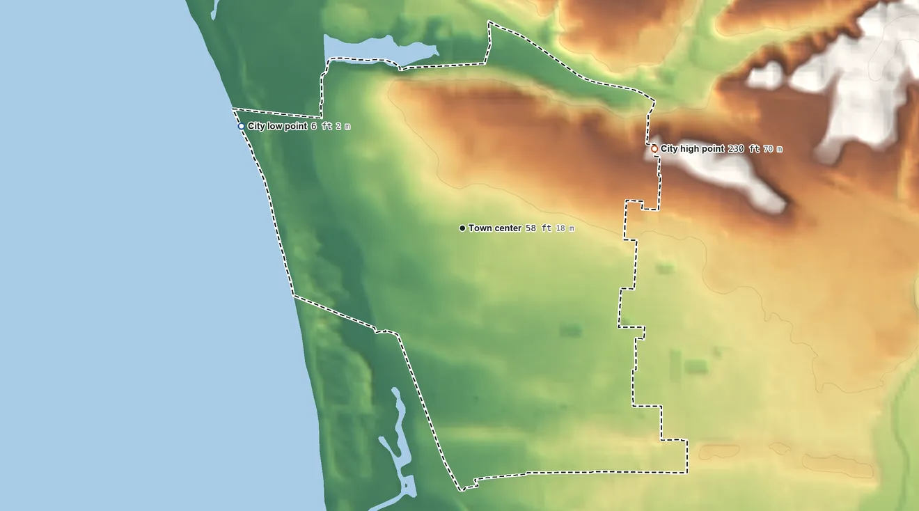 Topographic elevation map of Grover Beach, California, shaded from 6 ft on the northwest side to 230 ft on the east side