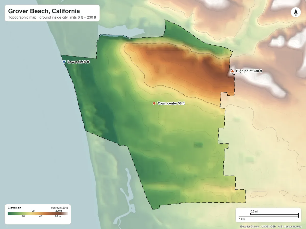Topographic elevation map of Grover Beach, California, shaded from 6 ft on the northwest side to 230 ft on the east side
