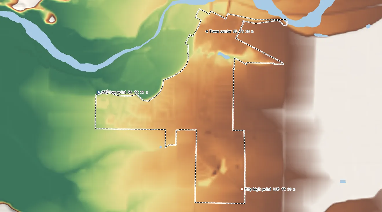 Topographic elevation map of Guadalupe, California, shaded from 56 ft on the southwest side to 110 ft on the south side