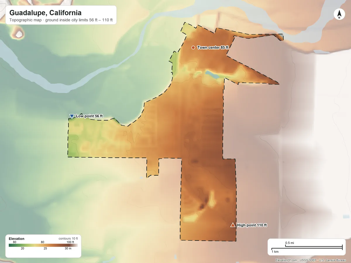 Topographic elevation map of Guadalupe, California, shaded from 56 ft on the southwest side to 110 ft on the south side