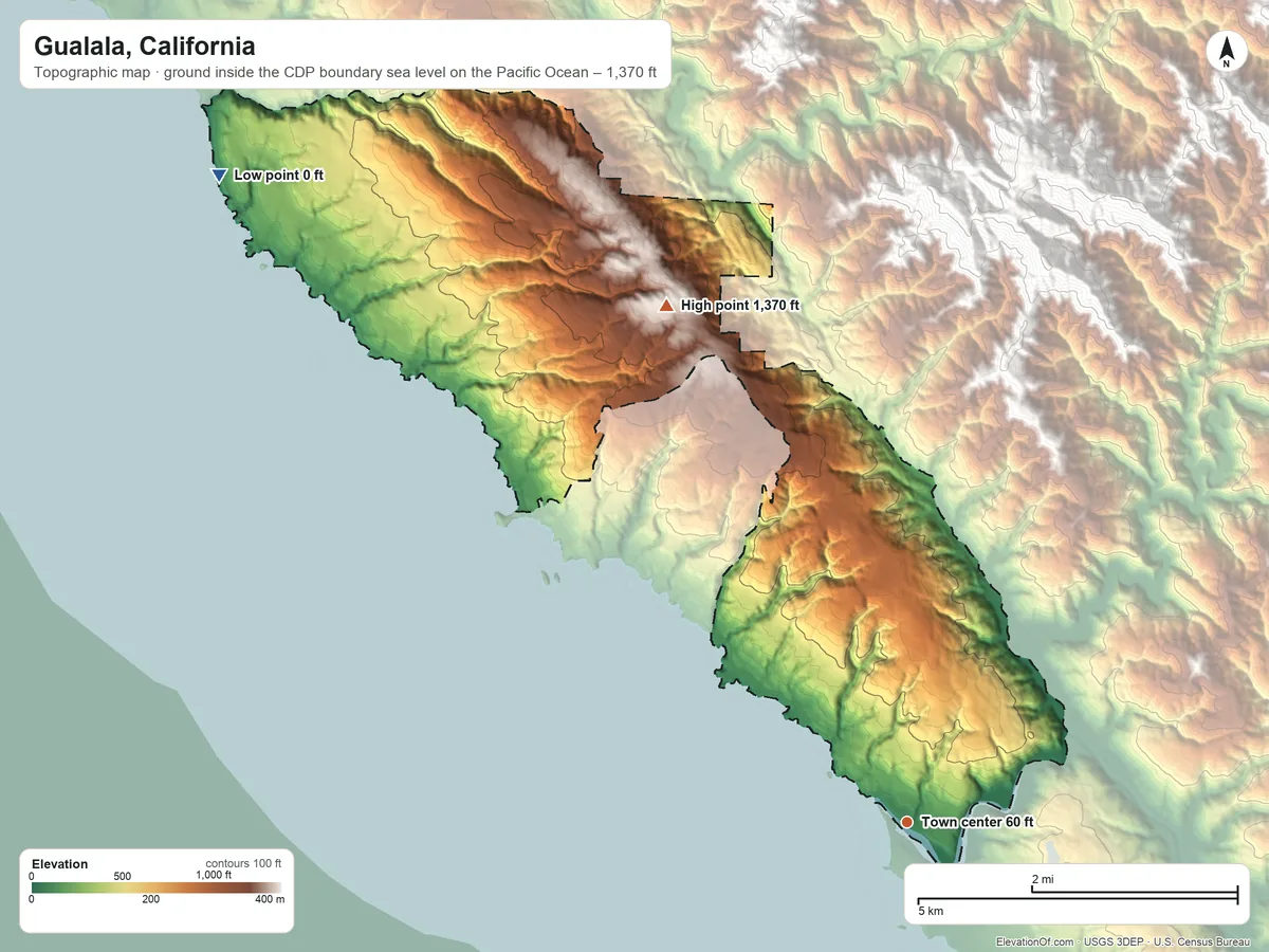 Topographic elevation map of Gualala, California, shaded from sea level level on the Pacific Ocean to 1,370 ft on the northwest side