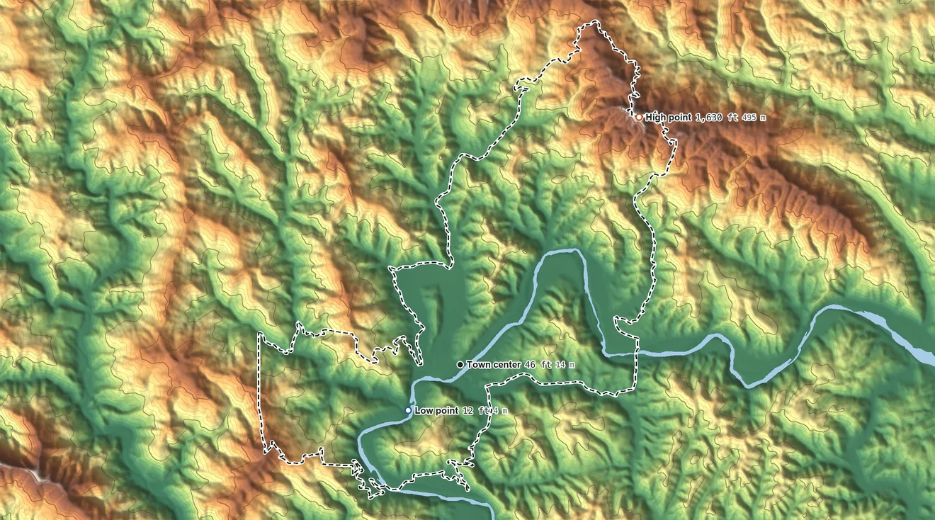 Topographic elevation map of Guerneville, California, shaded from 12 ft on the southwest side to 1,630 ft on the northeast edge, below higher ground just outside