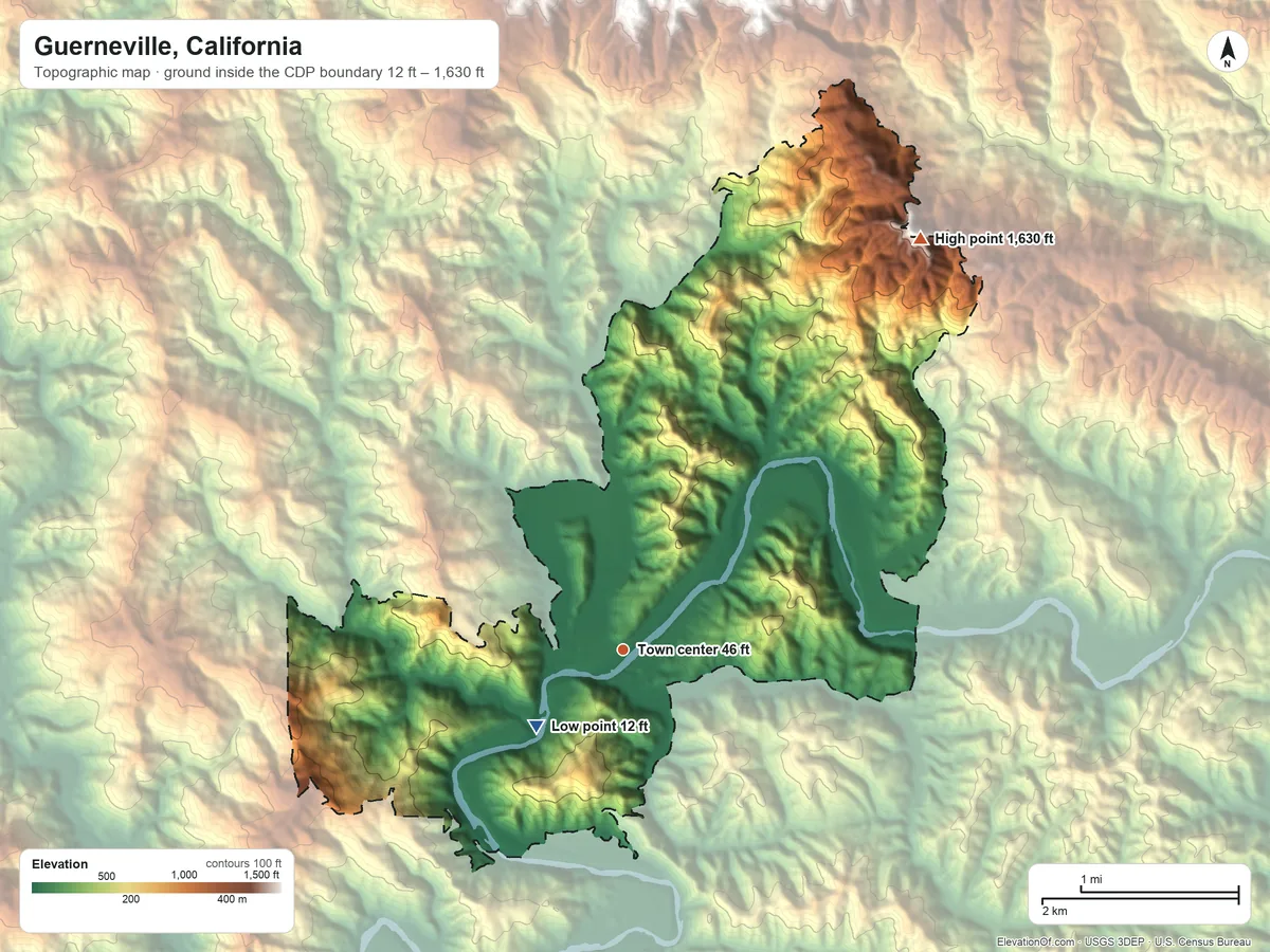 Topographic elevation map of Guerneville, California, shaded from 12 ft on the southwest side to 1,630 ft on the northeast edge, below higher ground just outside