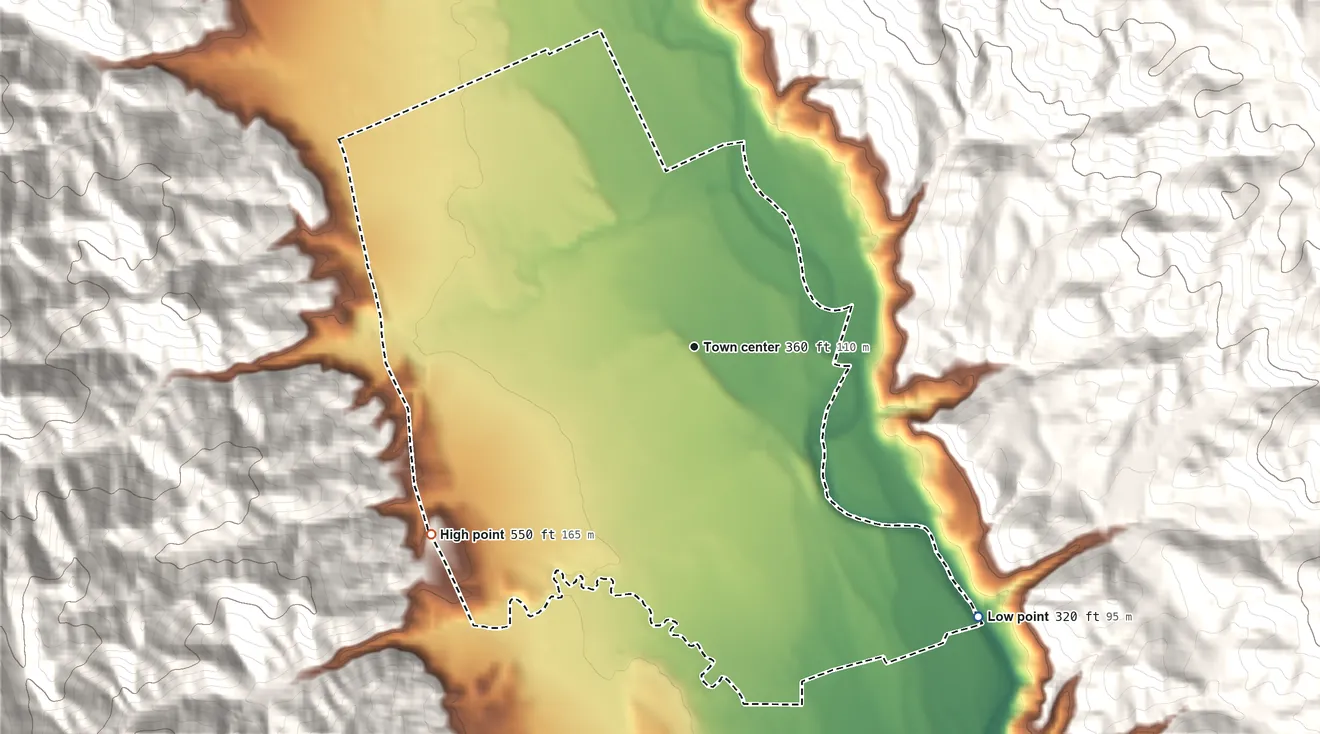 Topographic elevation map of Guinda, California, shaded from 320 ft on the southeast side to 550 ft at the foot of the Sweitzer Hills