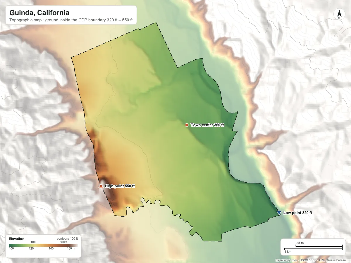 Topographic elevation map of Guinda, California, shaded from 320 ft on the southeast side to 550 ft at the foot of the Sweitzer Hills
