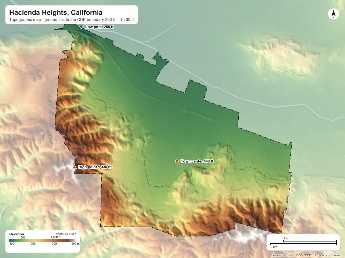 Topographic elevation map of Hacienda Heights, California, shaded from 280 ft on the northwest side to 1,330 ft on the west edge, below higher ground just outside