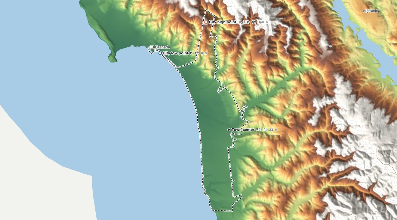 Topographic elevation map of Half Moon Bay, California, shaded from sea level level on the Pacific Ocean to 1,110 ft at the foot of the San Miguel Hills