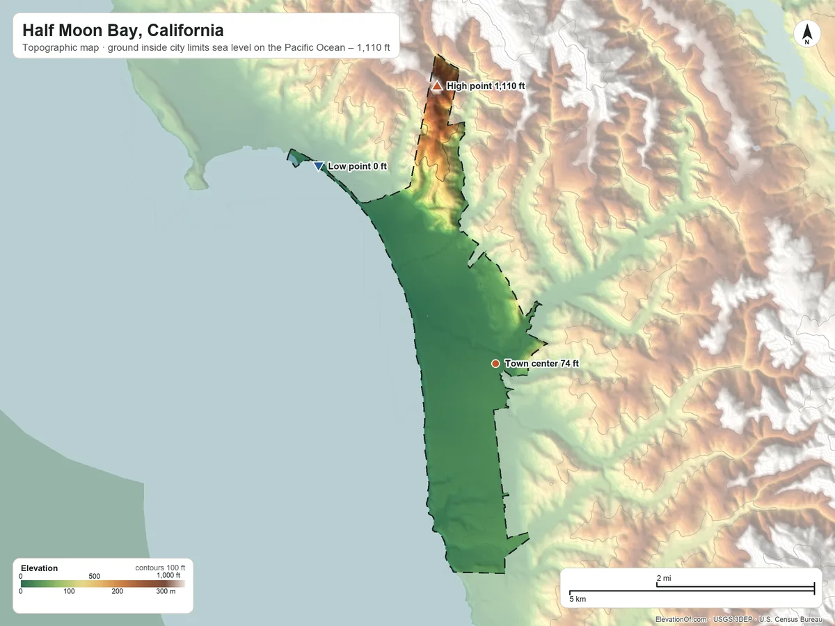 Topographic elevation map of Half Moon Bay, California, shaded from sea level level on the Pacific Ocean to 1,110 ft at the foot of the San Miguel Hills