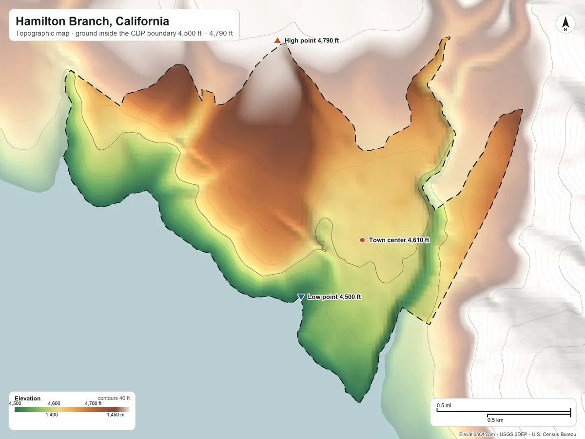 Topographic elevation map of Hamilton Branch, California, shaded from 4,500 ft on the southwest side to 4,790 ft on the northwest edge, below higher ground just outside
