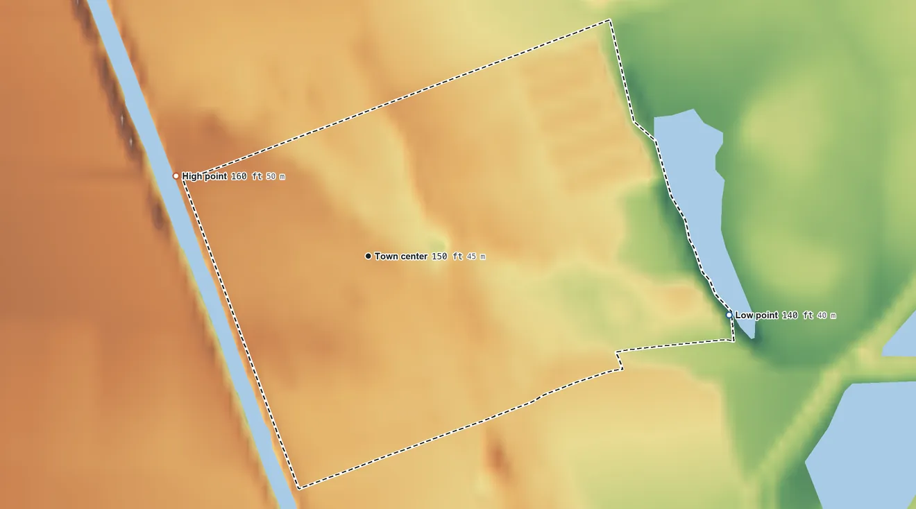 Topographic elevation map of Hamilton City, California, shaded from 140 ft on the east side to 160 ft on the northwest side