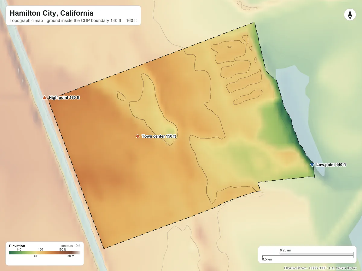 Topographic elevation map of Hamilton City, California, shaded from 140 ft on the east side to 160 ft on the northwest side