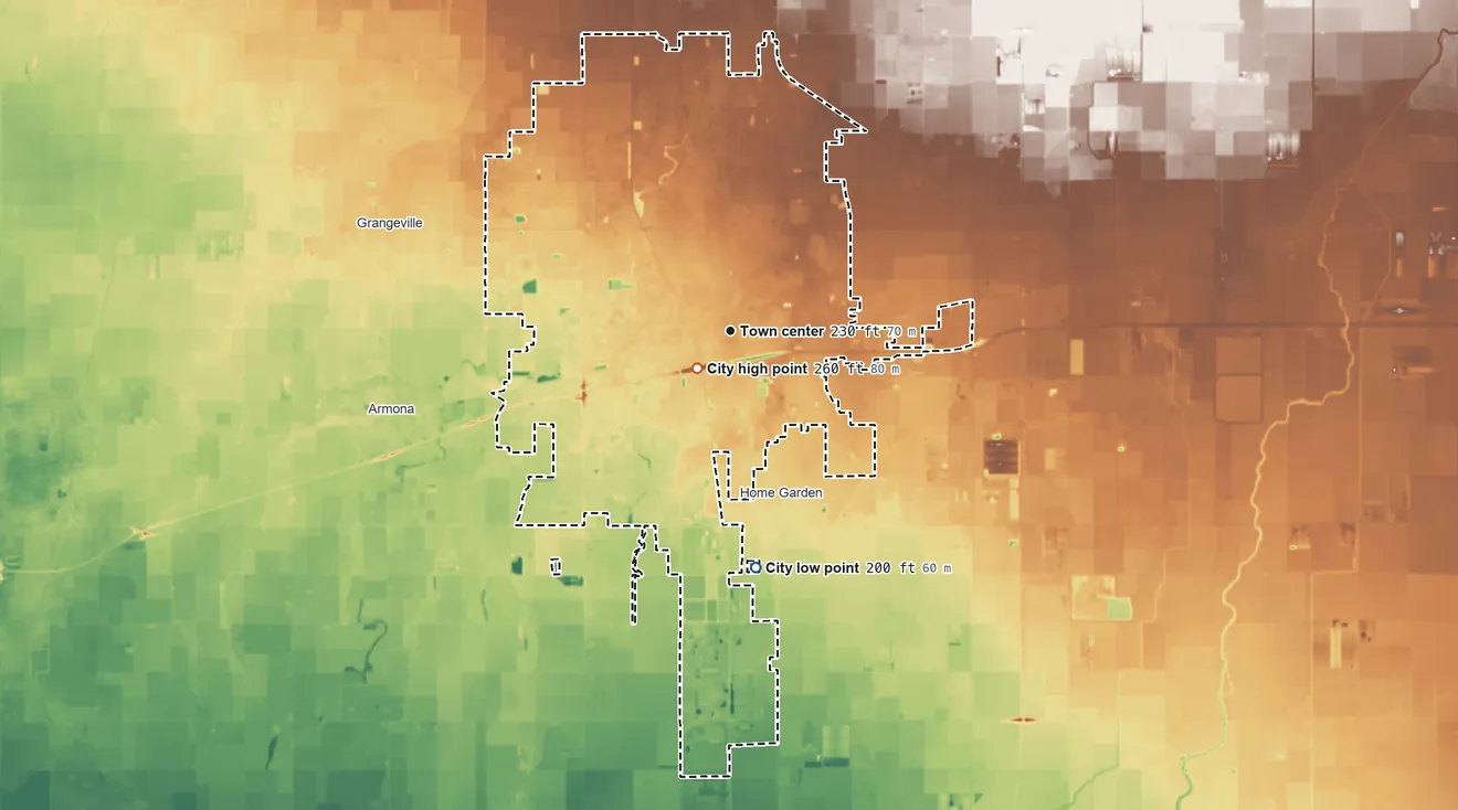 Topographic elevation map of Hanford, California, shaded from 200 ft on the south side to 260 ft near the middle