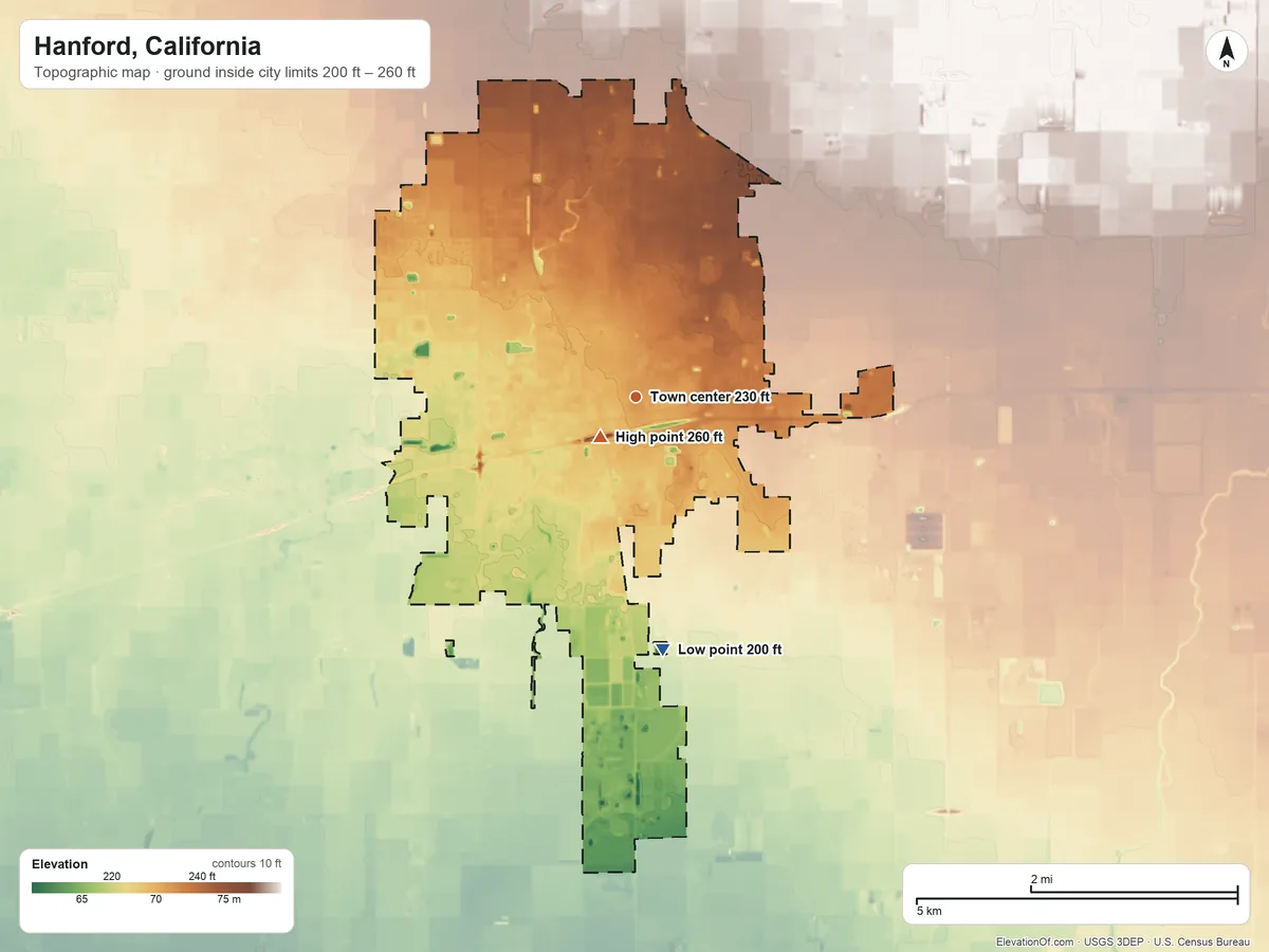Topographic elevation map of Hanford, California, shaded from 200 ft on the south side to 260 ft near the middle