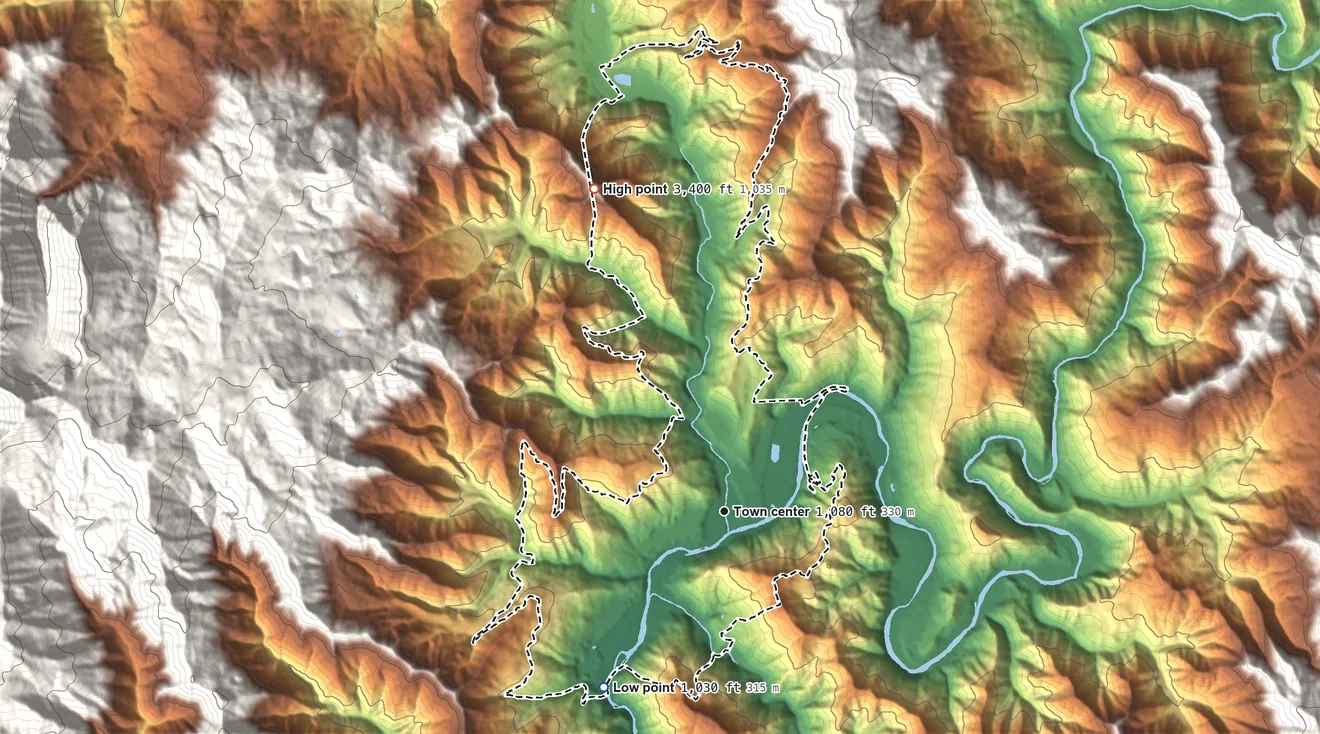 Topographic elevation map of Happy Camp, California, shaded from 1,030 ft on the southwest side to 3,400 ft on the north side