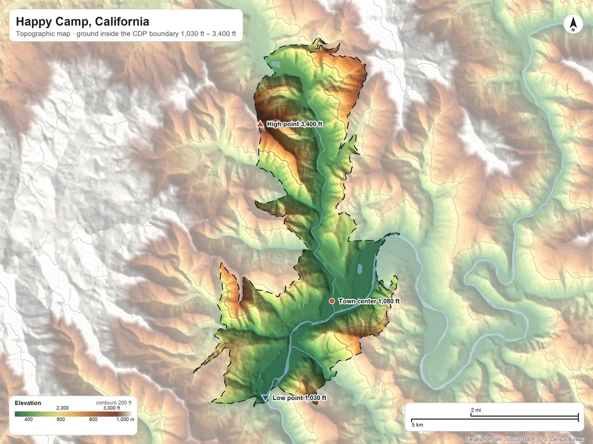 Topographic elevation map of Happy Camp, California, shaded from 1,030 ft on the southwest side to 3,400 ft on the north side