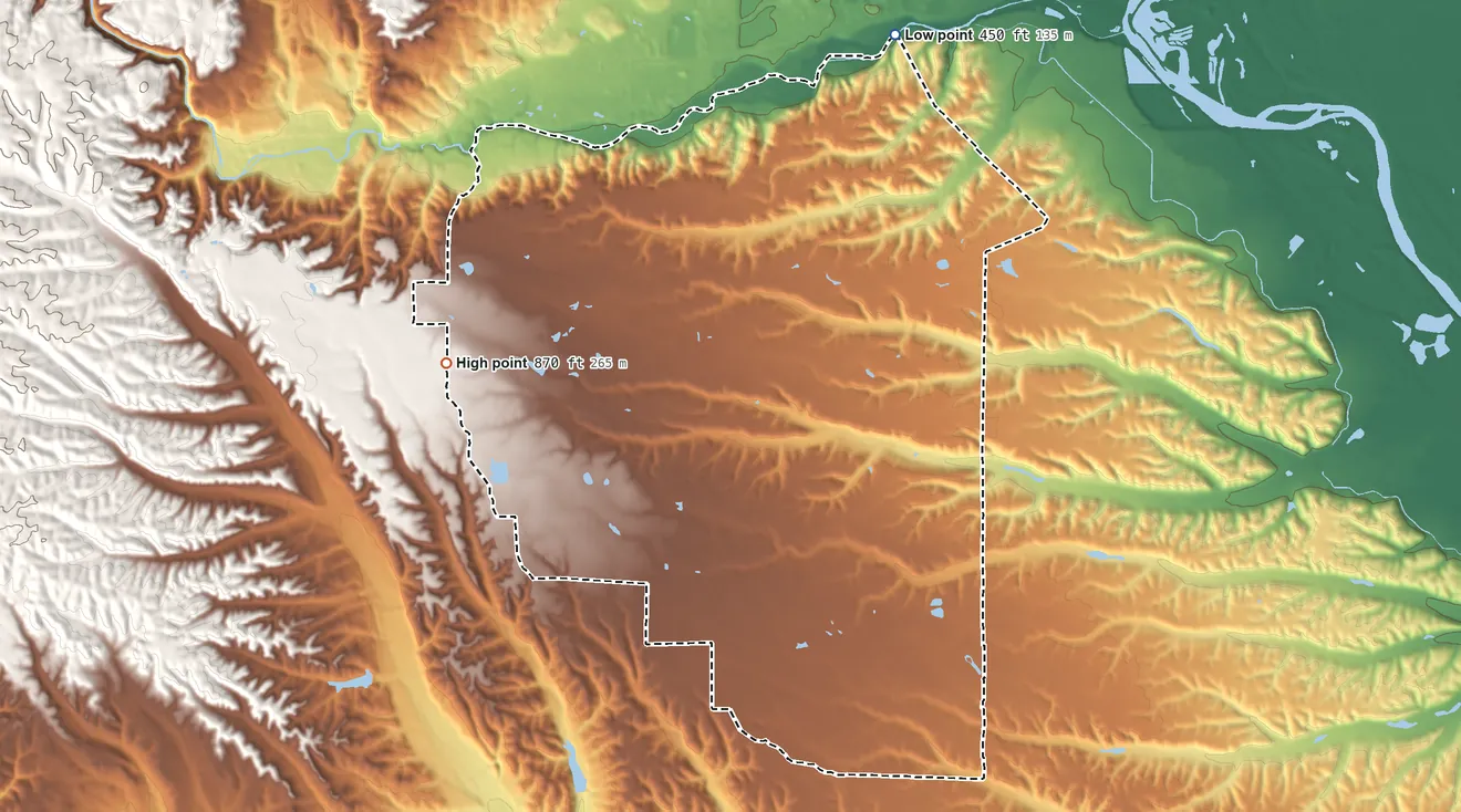 Topographic elevation map of Happy Valley, California, shaded from 450 ft on the north side to 870 ft on the west side