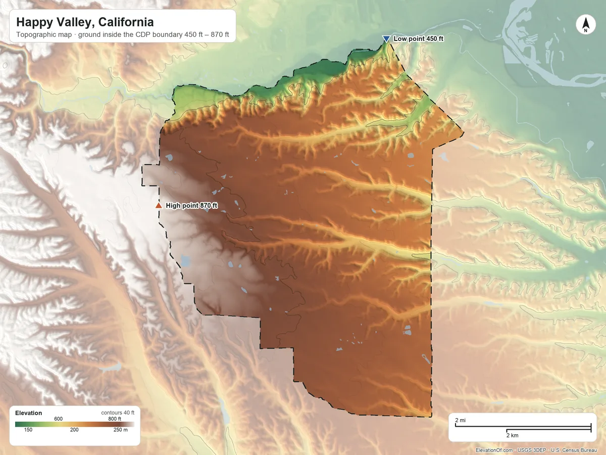 Topographic elevation map of Happy Valley, California, shaded from 450 ft on the north side to 870 ft on the west side