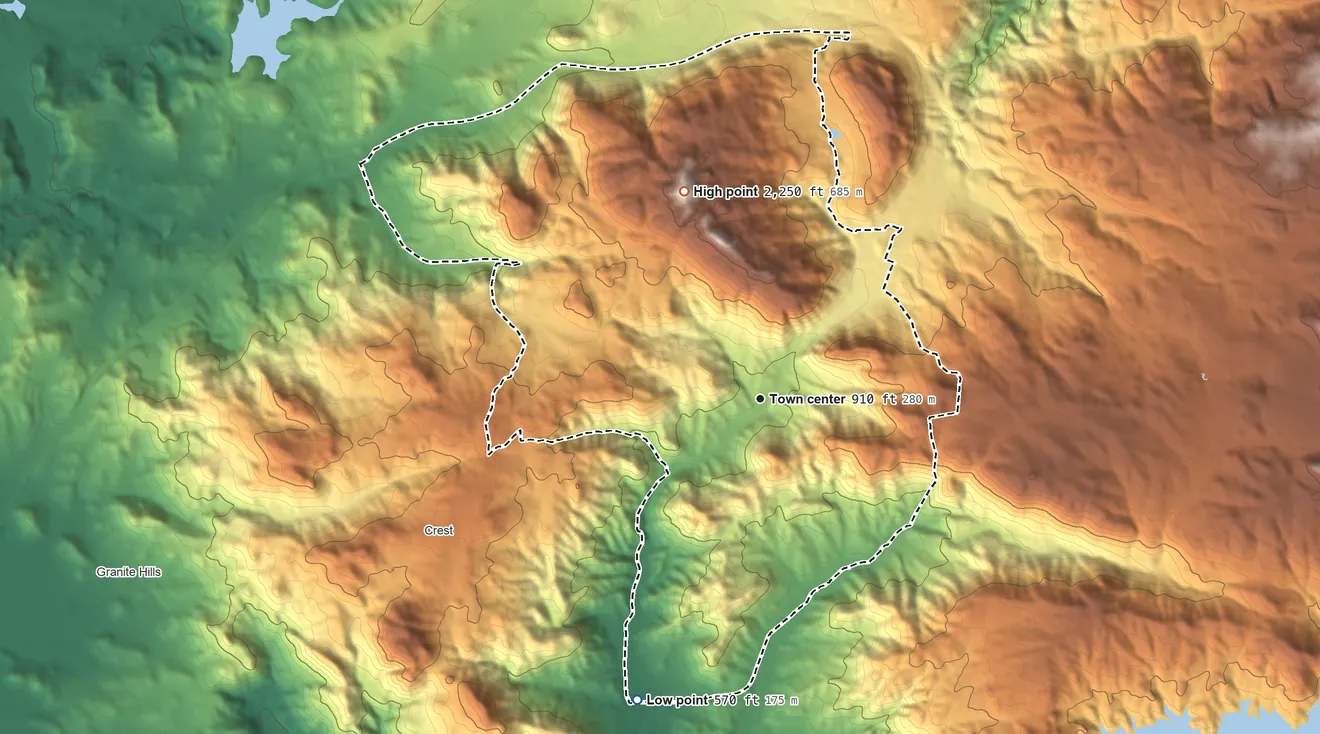 Topographic elevation map of Harbison Canyon, California, shaded from 570 ft on the south side to 2,250 ft on the north side