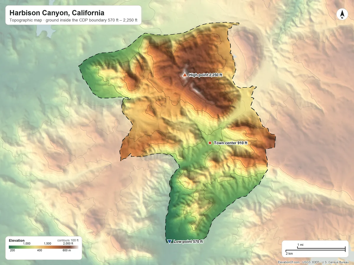 Topographic elevation map of Harbison Canyon, California, shaded from 570 ft on the south side to 2,250 ft on the north side