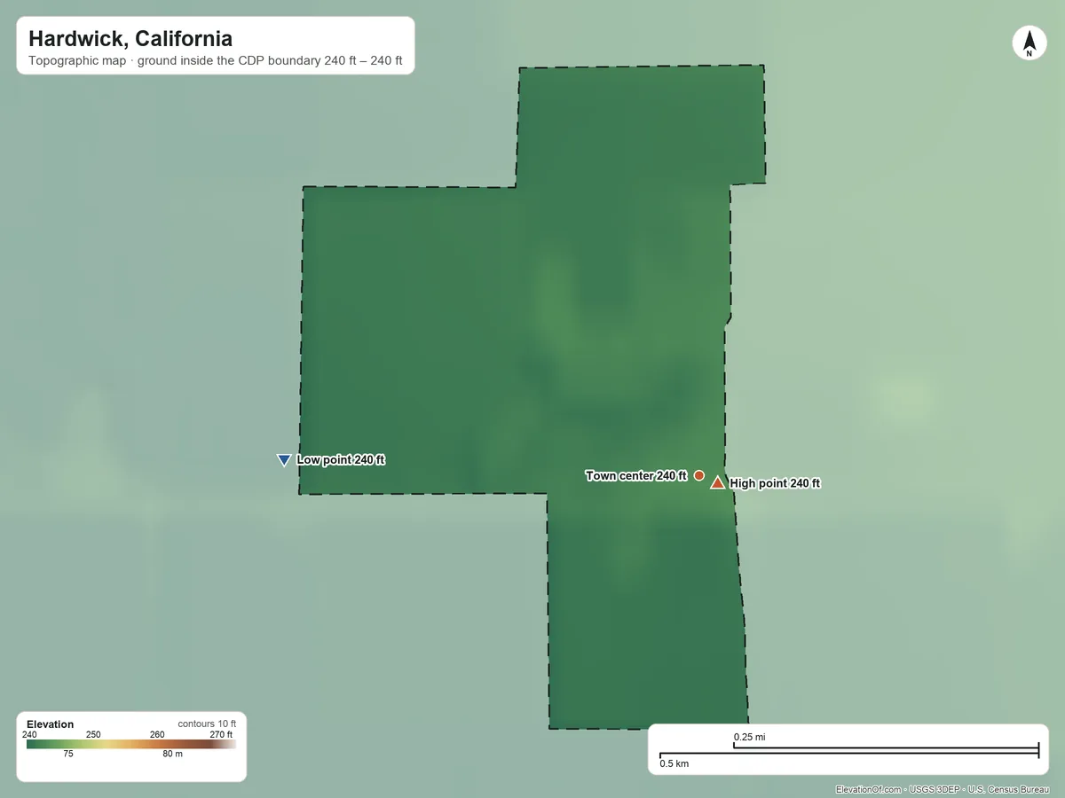 Topographic elevation map of Hardwick, California, shaded from 240 ft on the west side to 240 ft near the middle