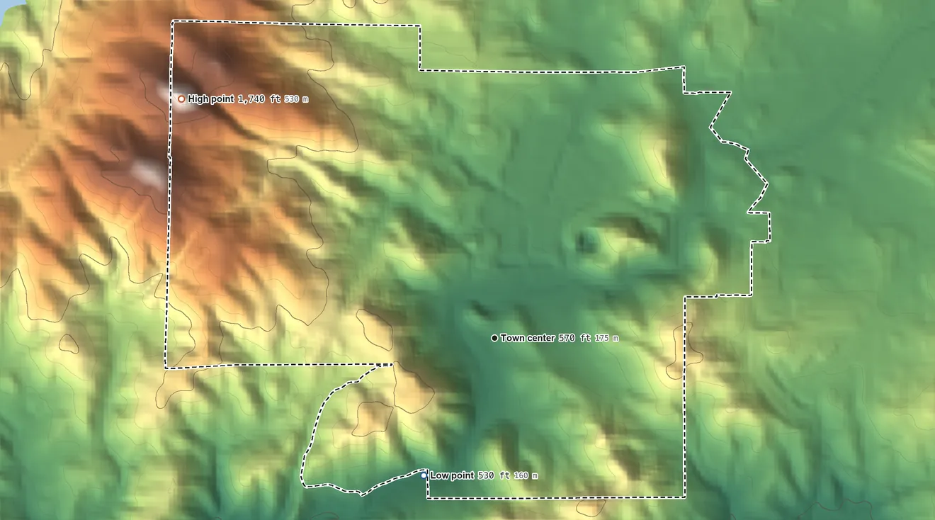 Topographic elevation map of Harmony Grove, California, shaded from 530 ft on the southwest side to 1,738 ft on Mount Whitney