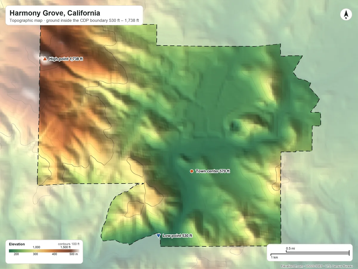 Topographic elevation map of Harmony Grove, California, shaded from 530 ft on the southwest side to 1,738 ft on Mount Whitney