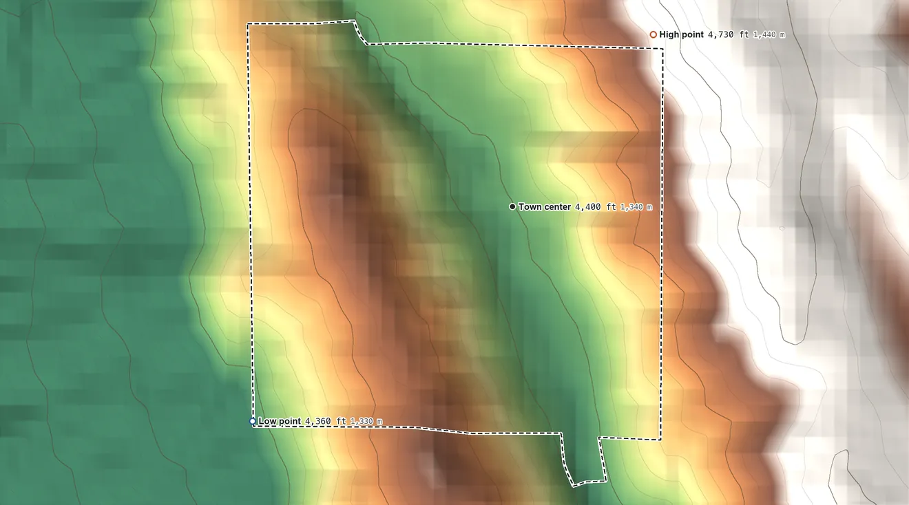Topographic elevation map of Hartland, California, shaded from 4,360 ft on the southwest side to 4,730 ft on the northeast edge, below higher ground just outside