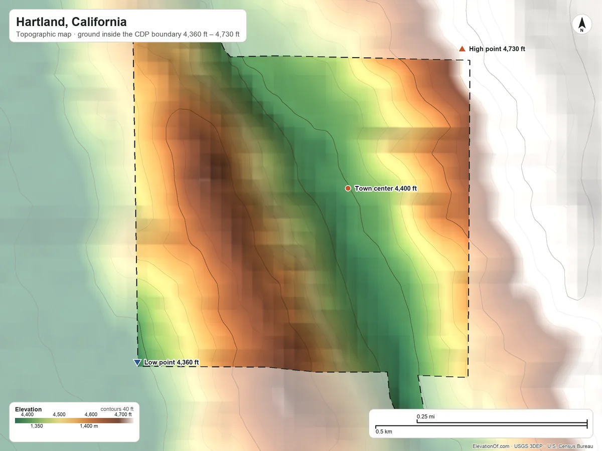 Topographic elevation map of Hartland, California, shaded from 4,360 ft on the southwest side to 4,730 ft on the northeast edge, below higher ground just outside