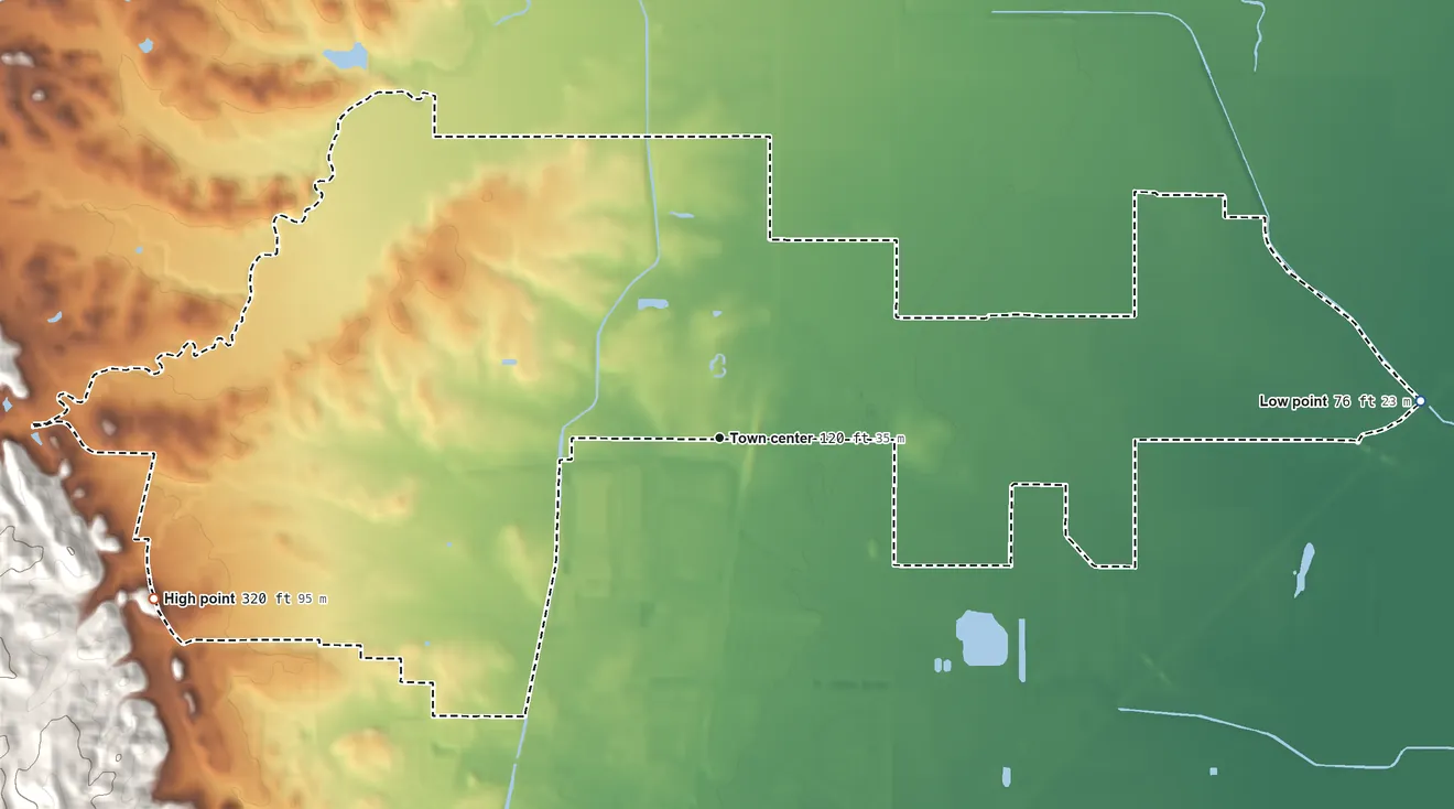 Topographic elevation map of Hartley, California, shaded from 76 ft on the east side to 320 ft at the foot of the English Hills