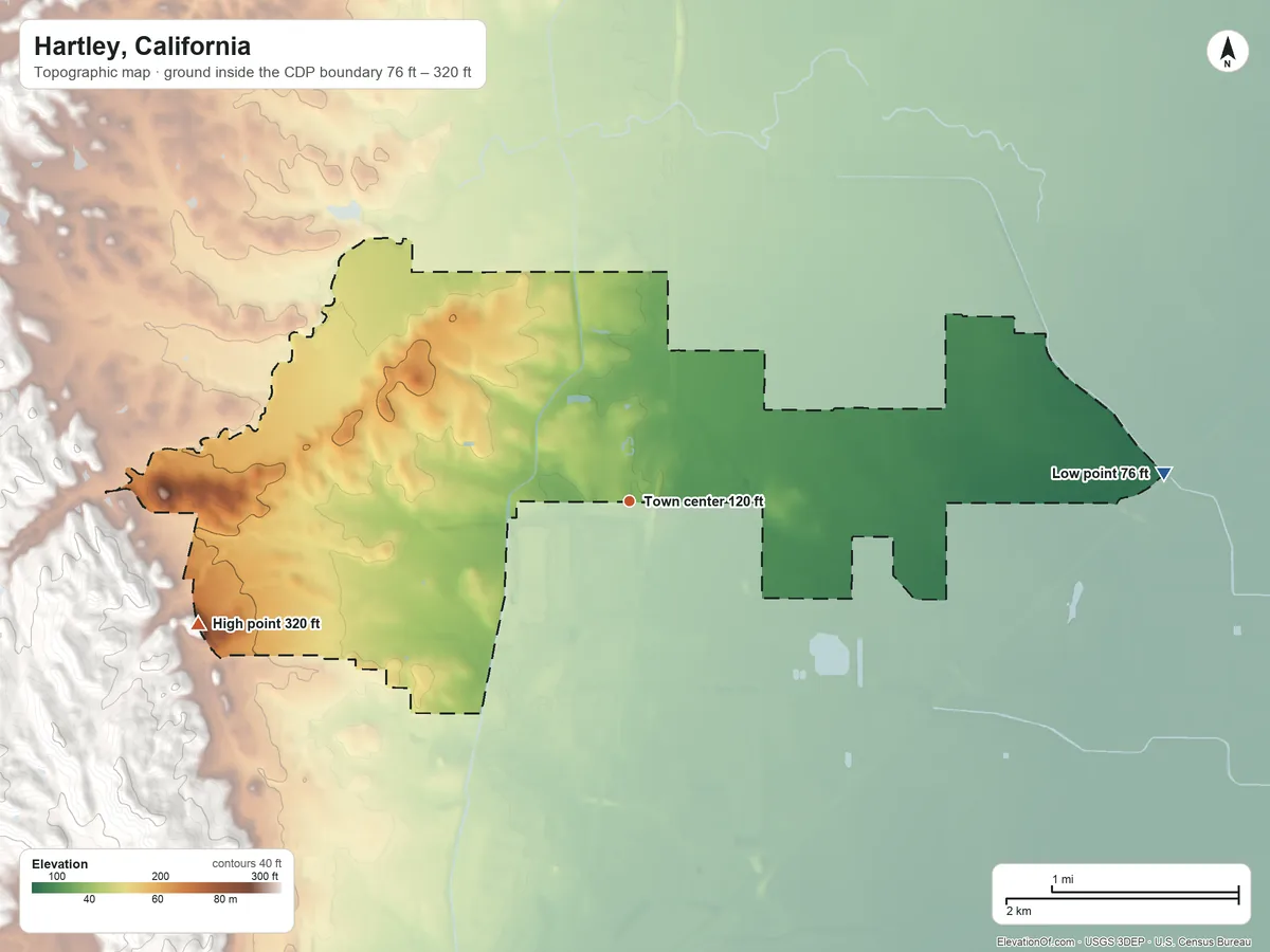 Topographic elevation map of Hartley, California, shaded from 76 ft on the east side to 320 ft at the foot of the English Hills
