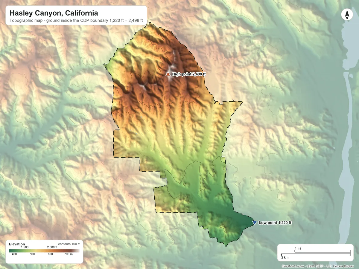 Topographic elevation map of Hasley Canyon, California, shaded from 1,220 ft on the southeast side to 2,498 ft on Loma Verde