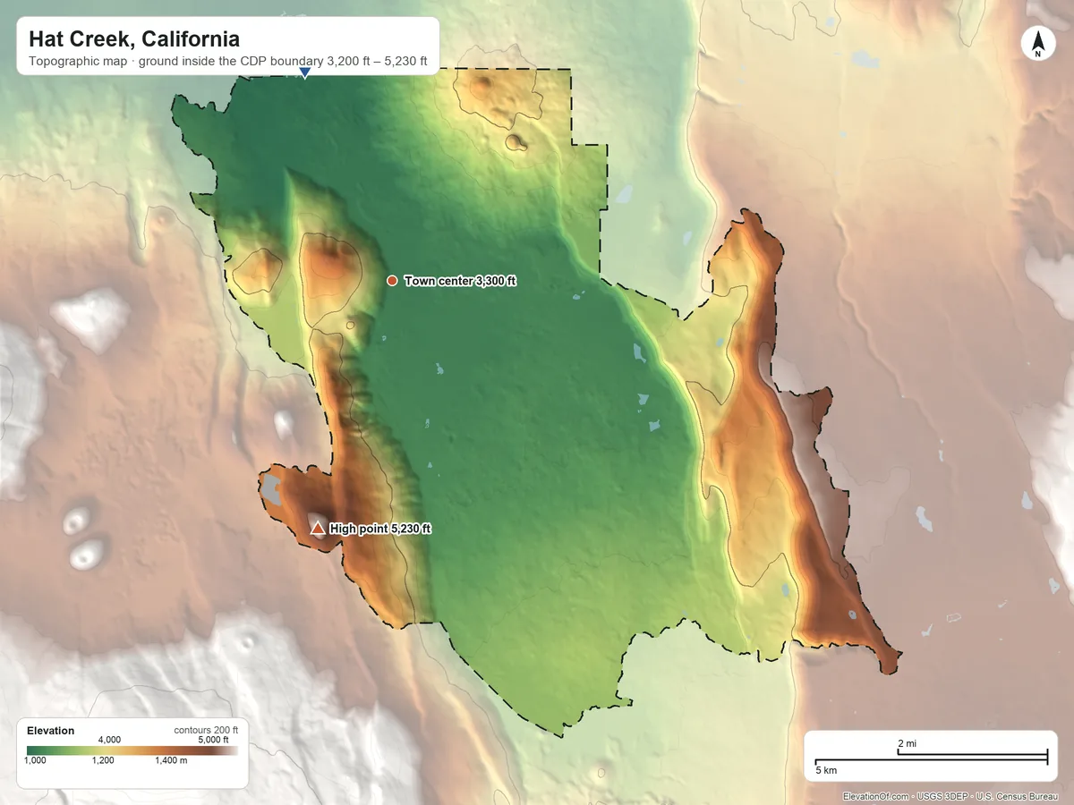 Topographic elevation map of Hat Creek, California, shaded from 3,200 ft on the northwest side to 5,230 ft on Red Rock Hill