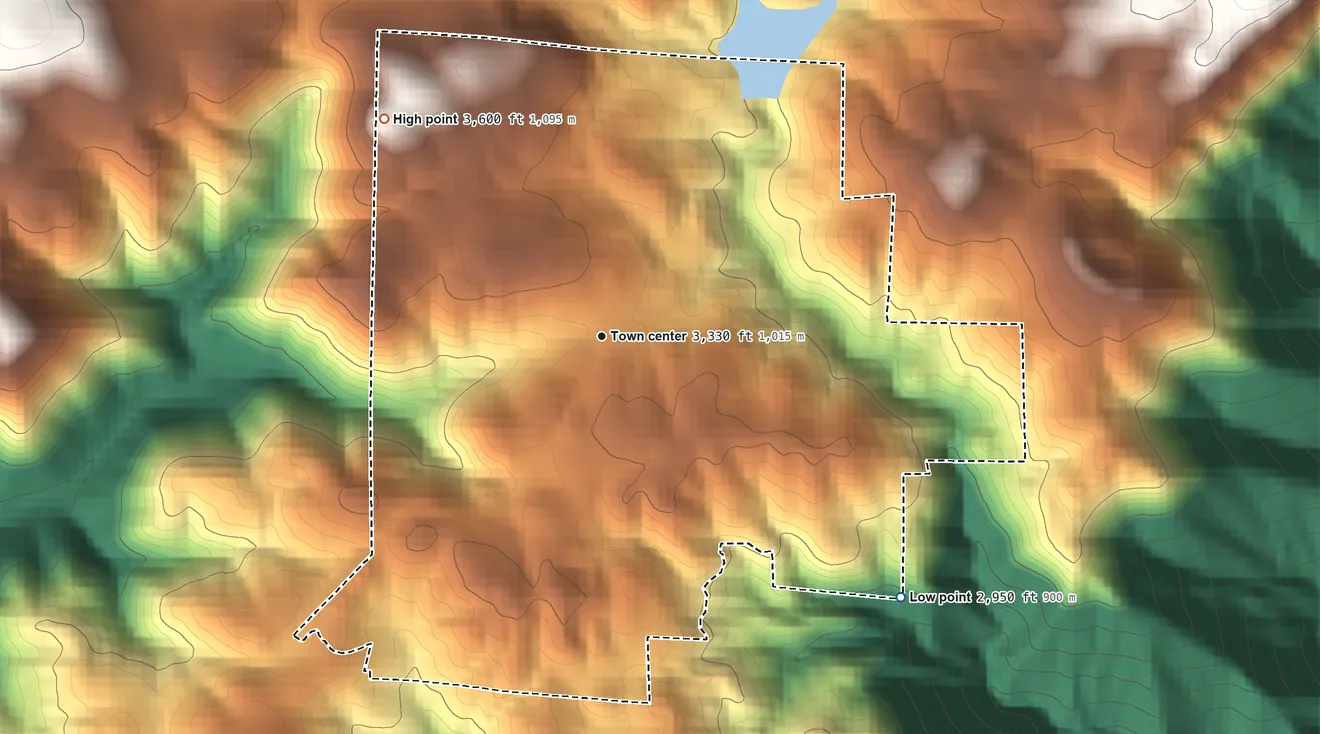 Topographic elevation map of Hathaway Pines, California, shaded from 2,950 ft on the southeast side to 3,600 ft on the northwest edge, below higher ground just outside