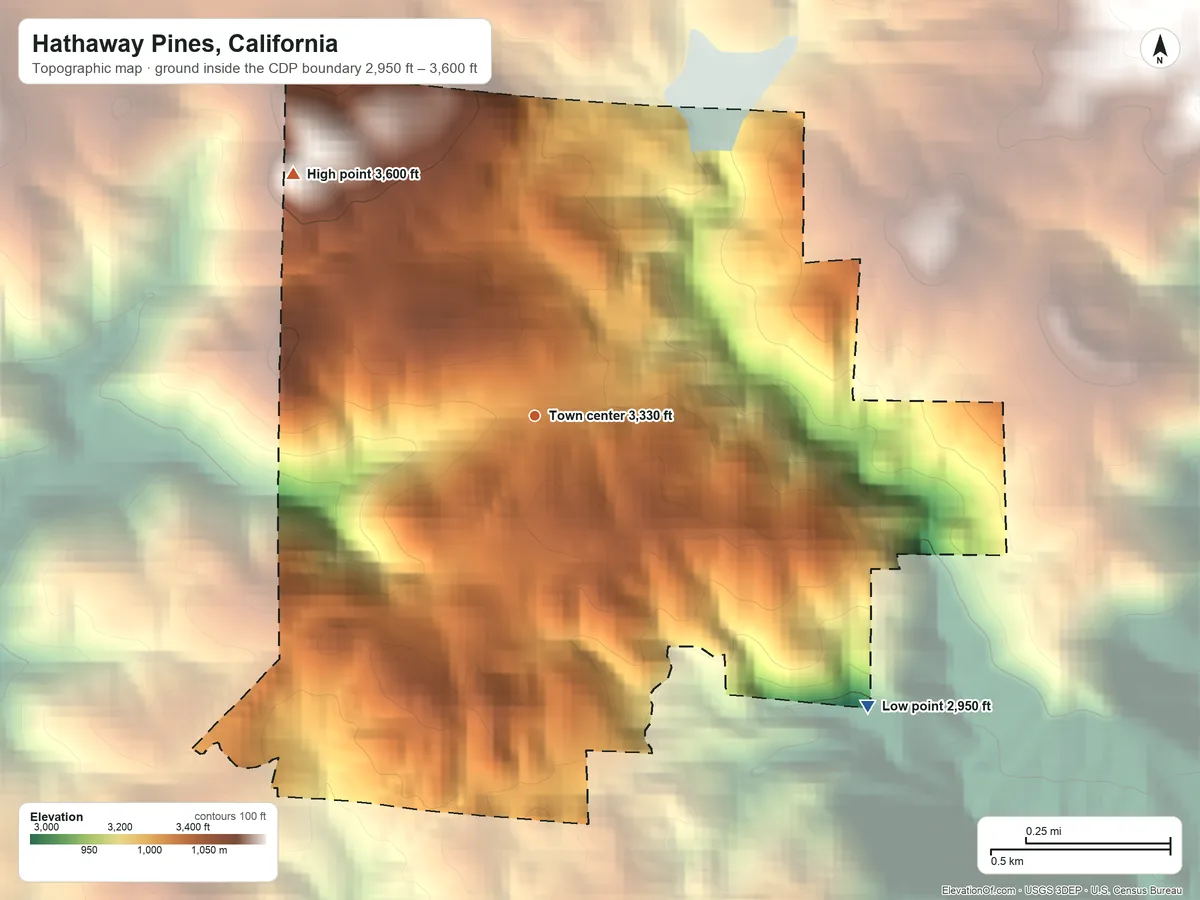 Topographic elevation map of Hathaway Pines, California, shaded from 2,950 ft on the southeast side to 3,600 ft on the northwest edge, below higher ground just outside