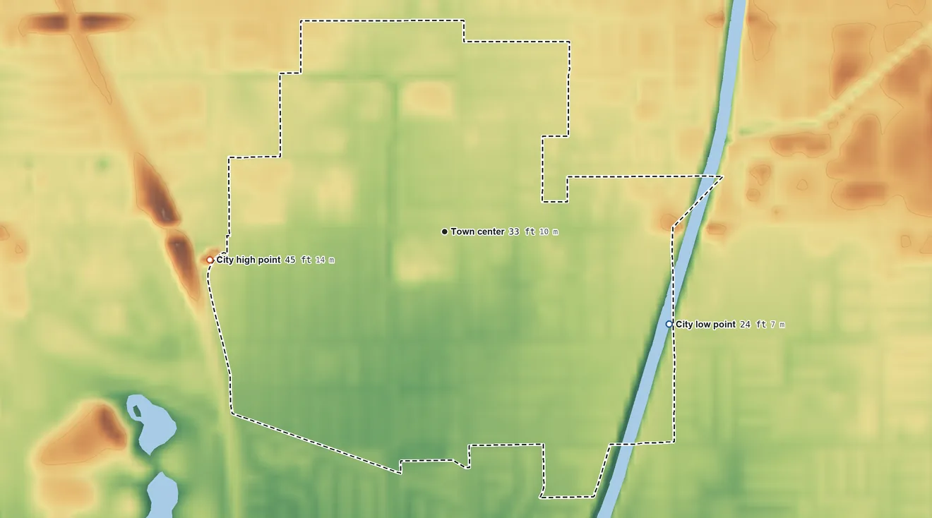 Topographic elevation map of Hawaiian Gardens, California, shaded from 24 ft on the east side to 45 ft on the west side