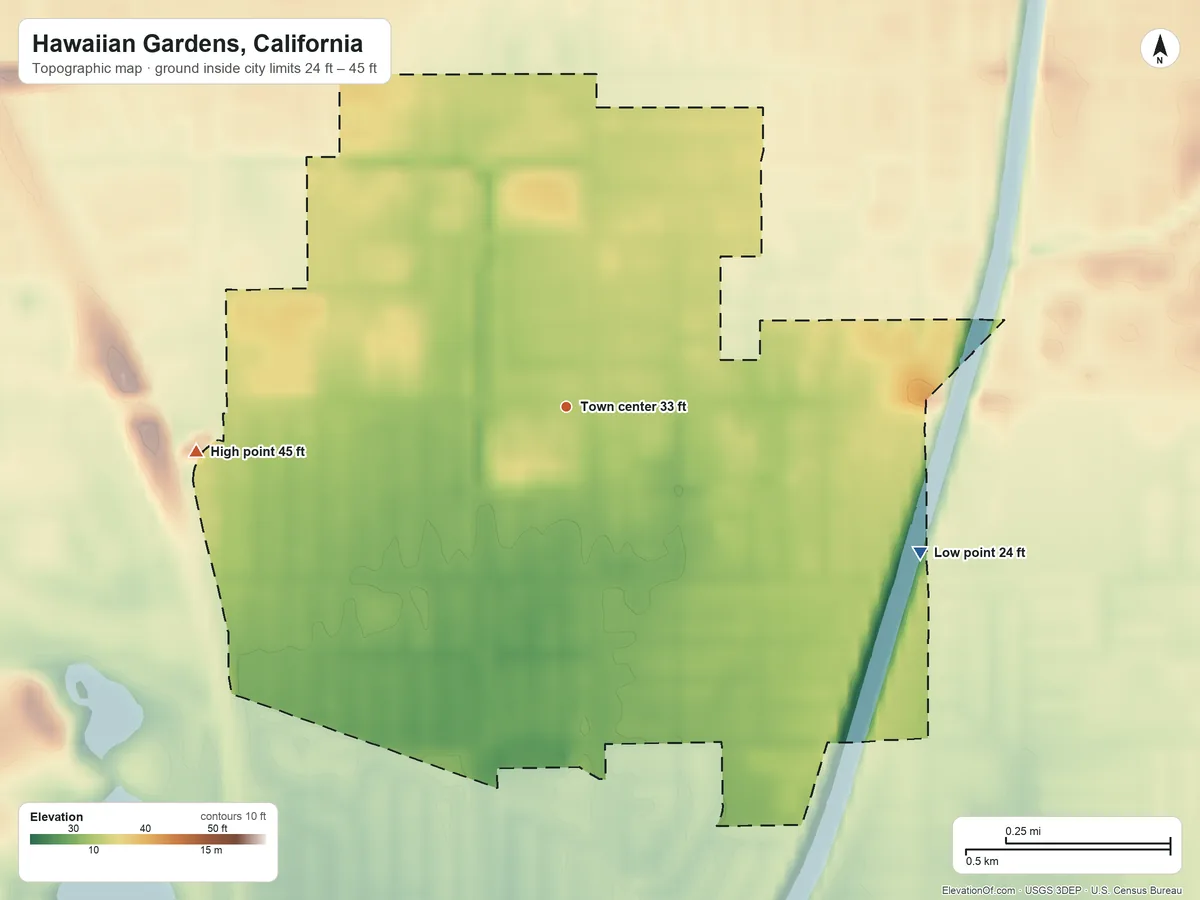 Topographic elevation map of Hawaiian Gardens, California, shaded from 24 ft on the east side to 45 ft on the west side