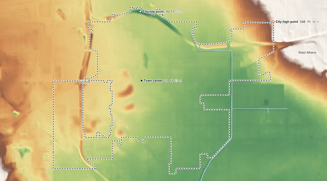 Topographic elevation map of Hawthorne, California, shaded from 39 ft on the north side to 160 ft on the northeast side